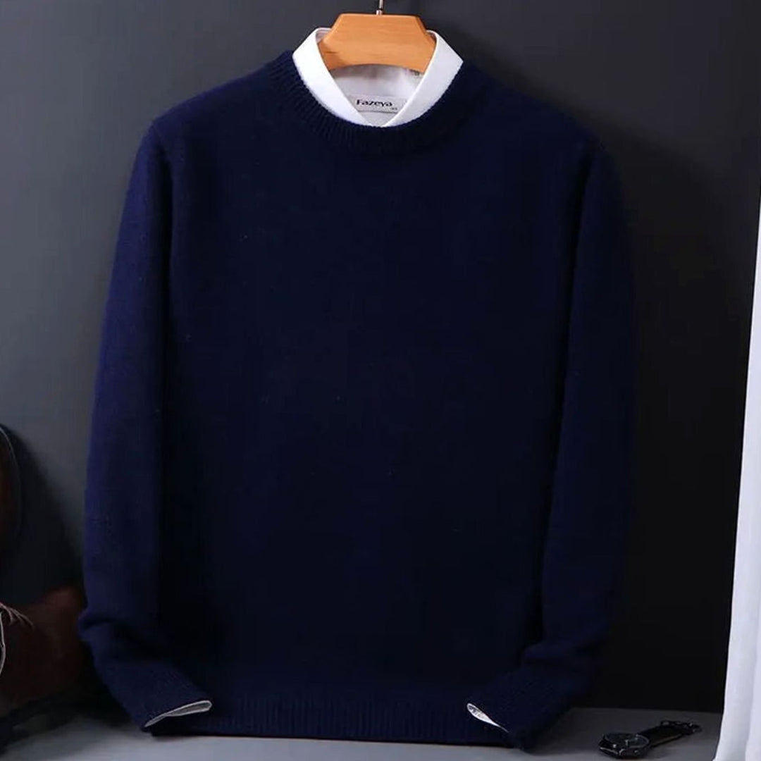 Men's Crew-Neck Knitted Sweater Soft Cashmere-Feel Pullover - Navy Blue