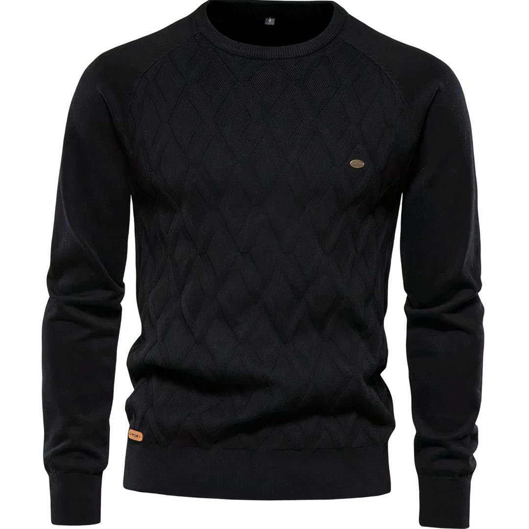 Men's Diamond-Knit Crew Neck Raglan Sleeve Knitted Sweater - Black