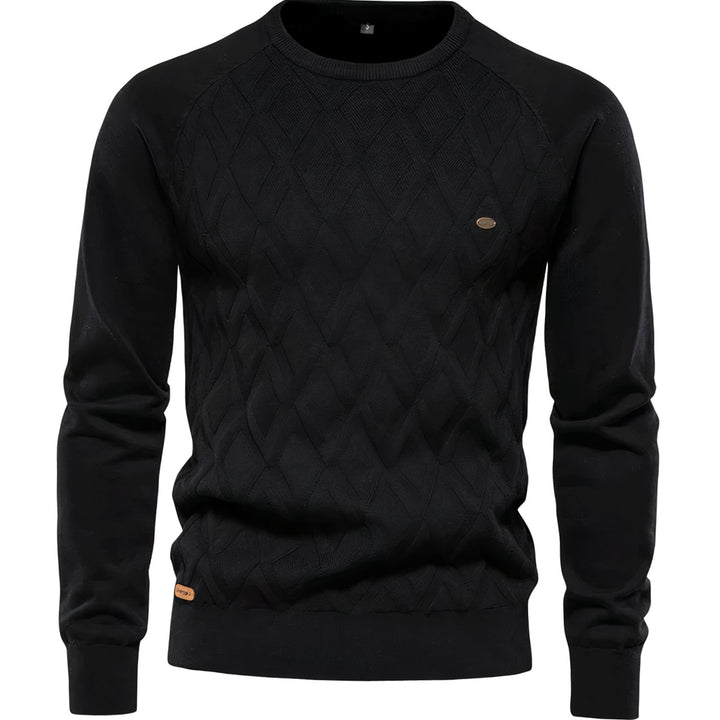 Men's Diamond-Knit Crew Neck Raglan Sleeve Knitted Sweater - Black