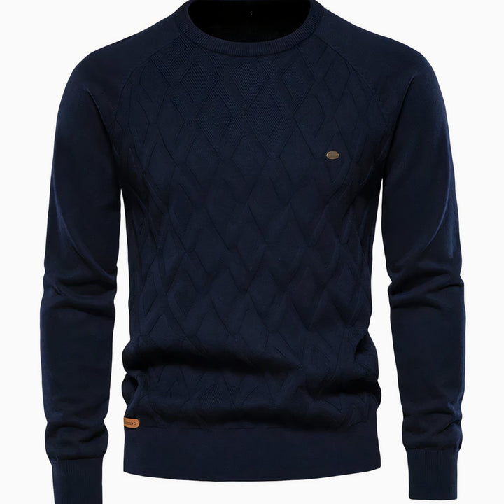 Men's Diamond-Knit Crew Neck Raglan Sleeve Knitted Sweater - Navy Blue