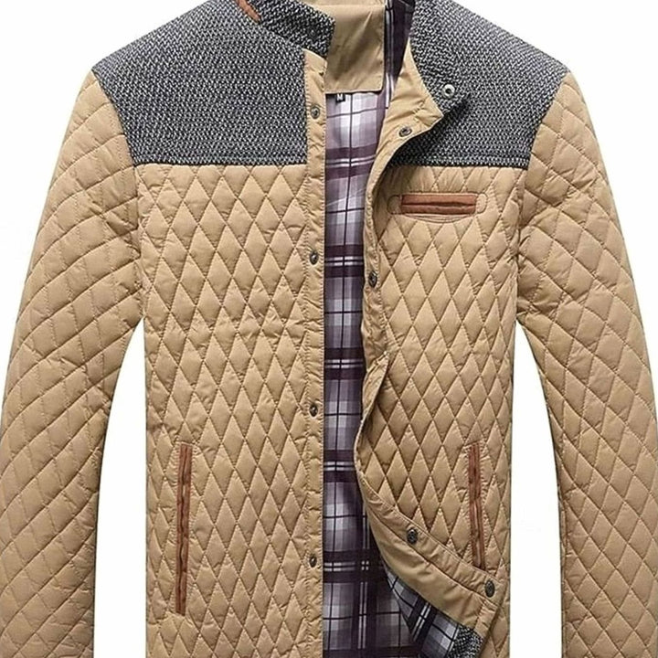 Men's Diamond-Quilted Contrast-Knit Stand-Collar Jacket - Khaki