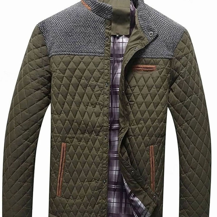 Men's Diamond-Quilted Contrast-Knit Stand-Collar Jacket - Army Green