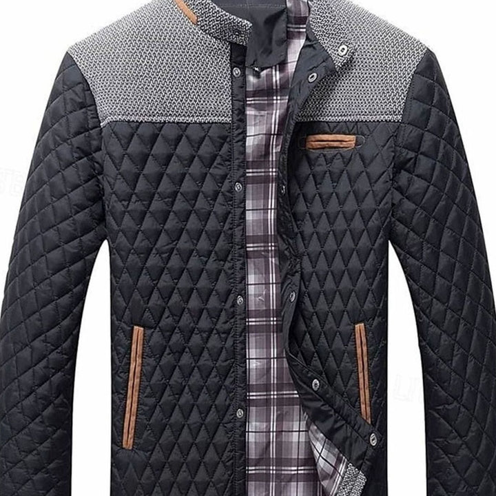 Men's Diamond-Quilted Contrast-Knit Stand-Collar Jacket - Black