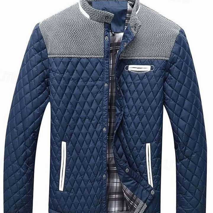 Men's Diamond-Quilted Contrast-Knit Stand-Collar Jacket - Navy Blue