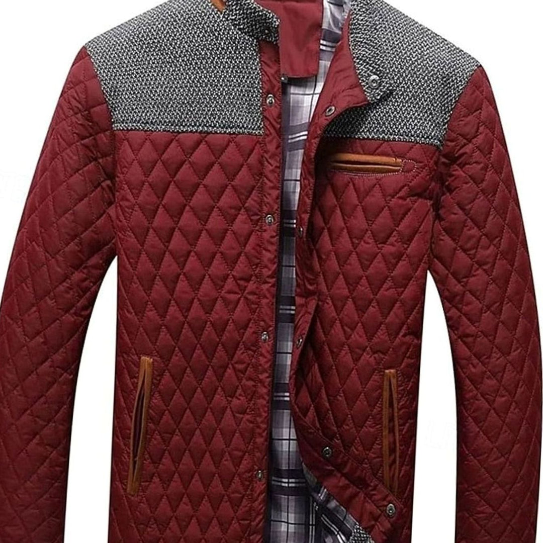 Men's Diamond-Quilted Contrast-Knit Stand-Collar Jacket - Wine