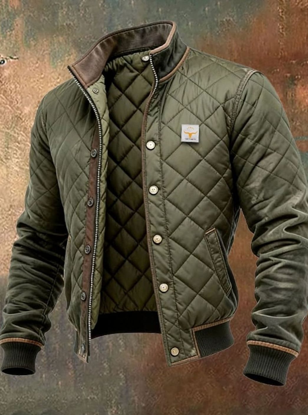 Men's Diamond Quilted Stand Collar Snap Button Bomber Jacket - Green