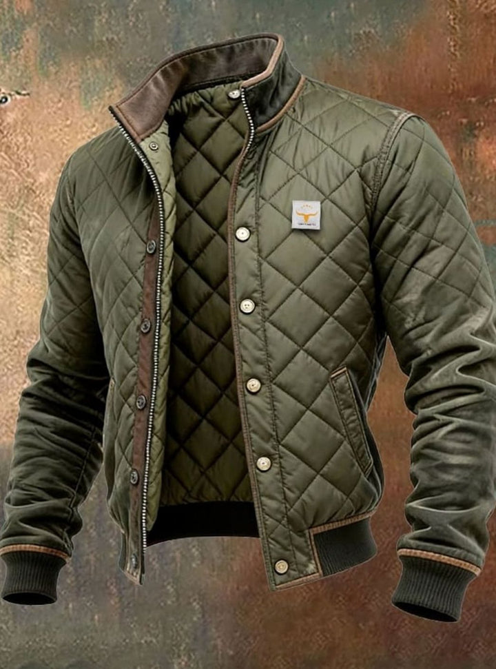 Men's Diamond Quilted Stand Collar Snap Button Bomber Jacket - Green