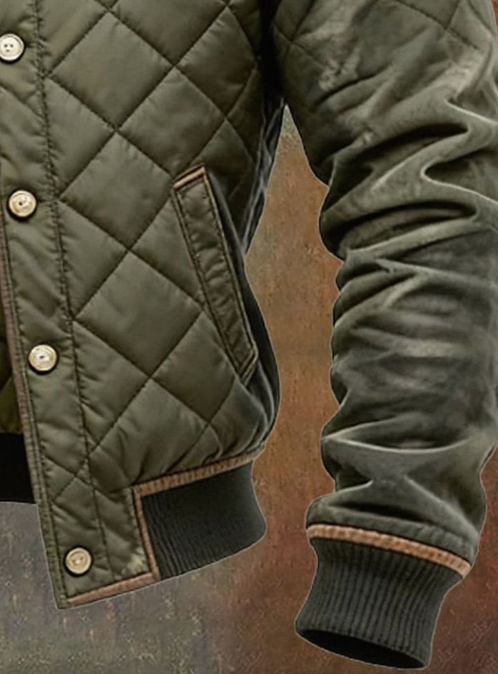 Men's Diamond Quilted Stand Collar Snap Button Bomber Jacket