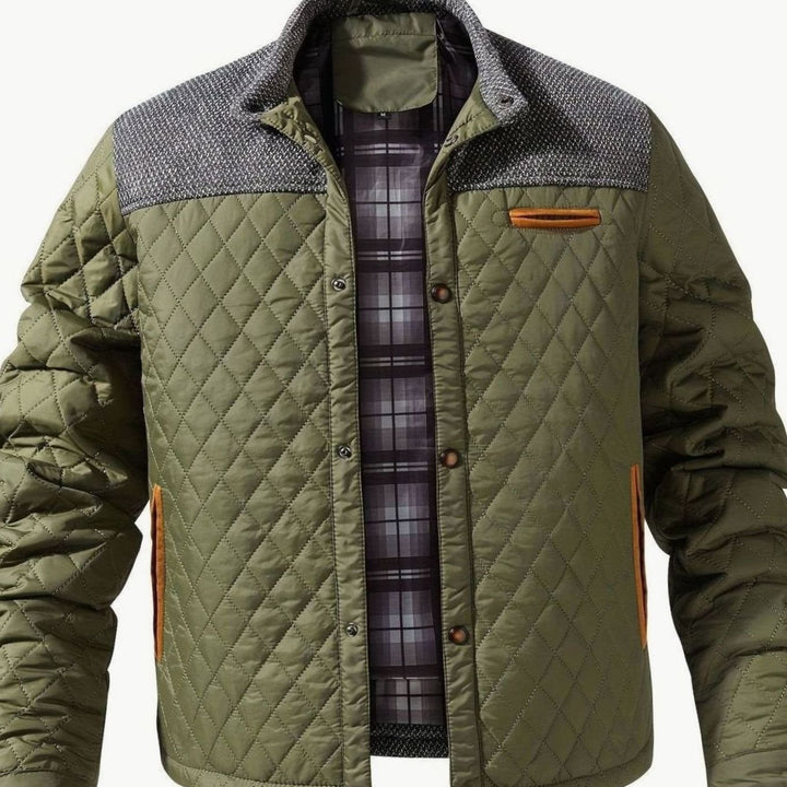 Men's Diamond-Quilted Two-Tone Stand-Collar Snap-Front Insulated Jacket - Fern Green