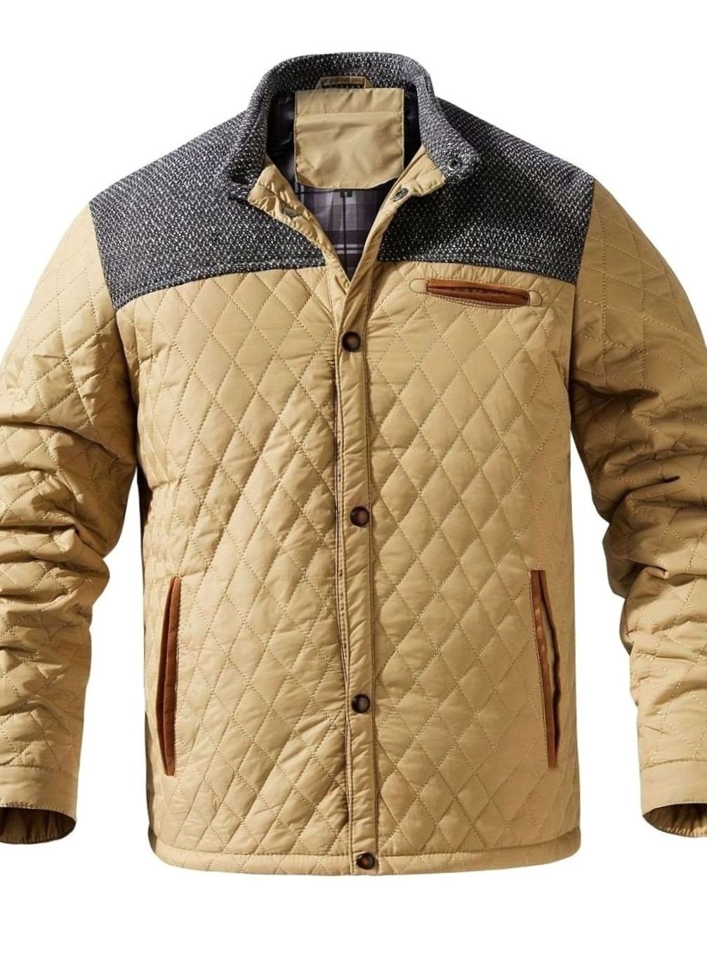 Men's Diamond-Quilted Two-Tone Stand-Collar Snap-Front Insulated Jacket