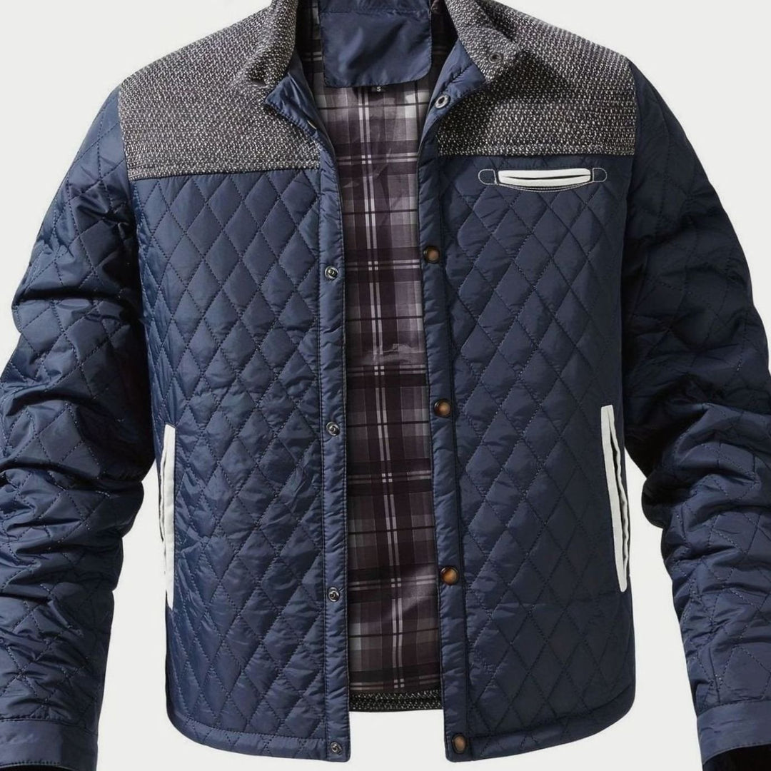 Men's Diamond-Quilted Two-Tone Stand-Collar Snap-Front Insulated Jacket - Navy