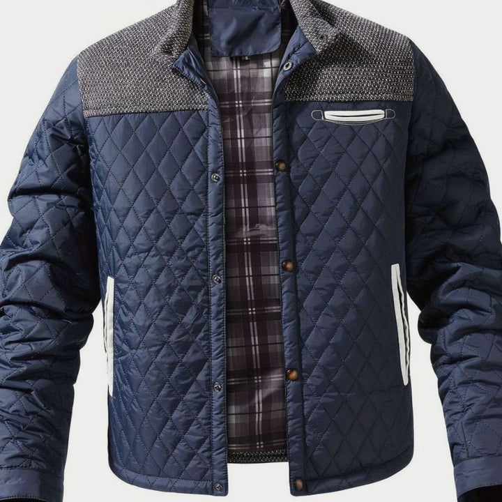 Men's Diamond-Quilted Two-Tone Stand-Collar Snap-Front Insulated Jacket - Navy