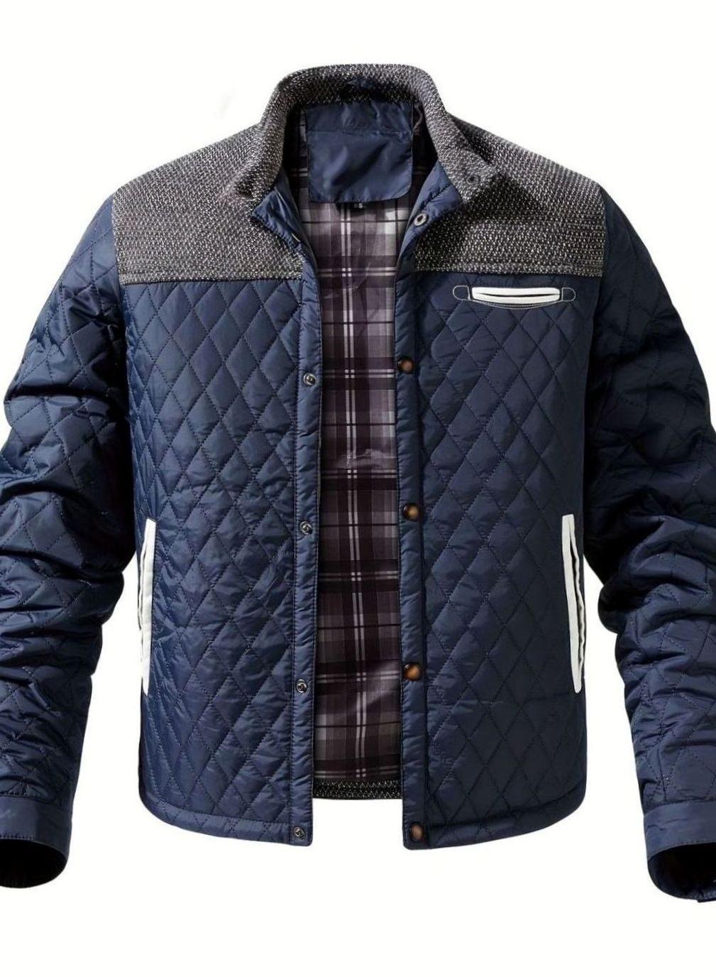 Men's Diamond-Quilted Two-Tone Stand-Collar Snap-Front Insulated Jacket