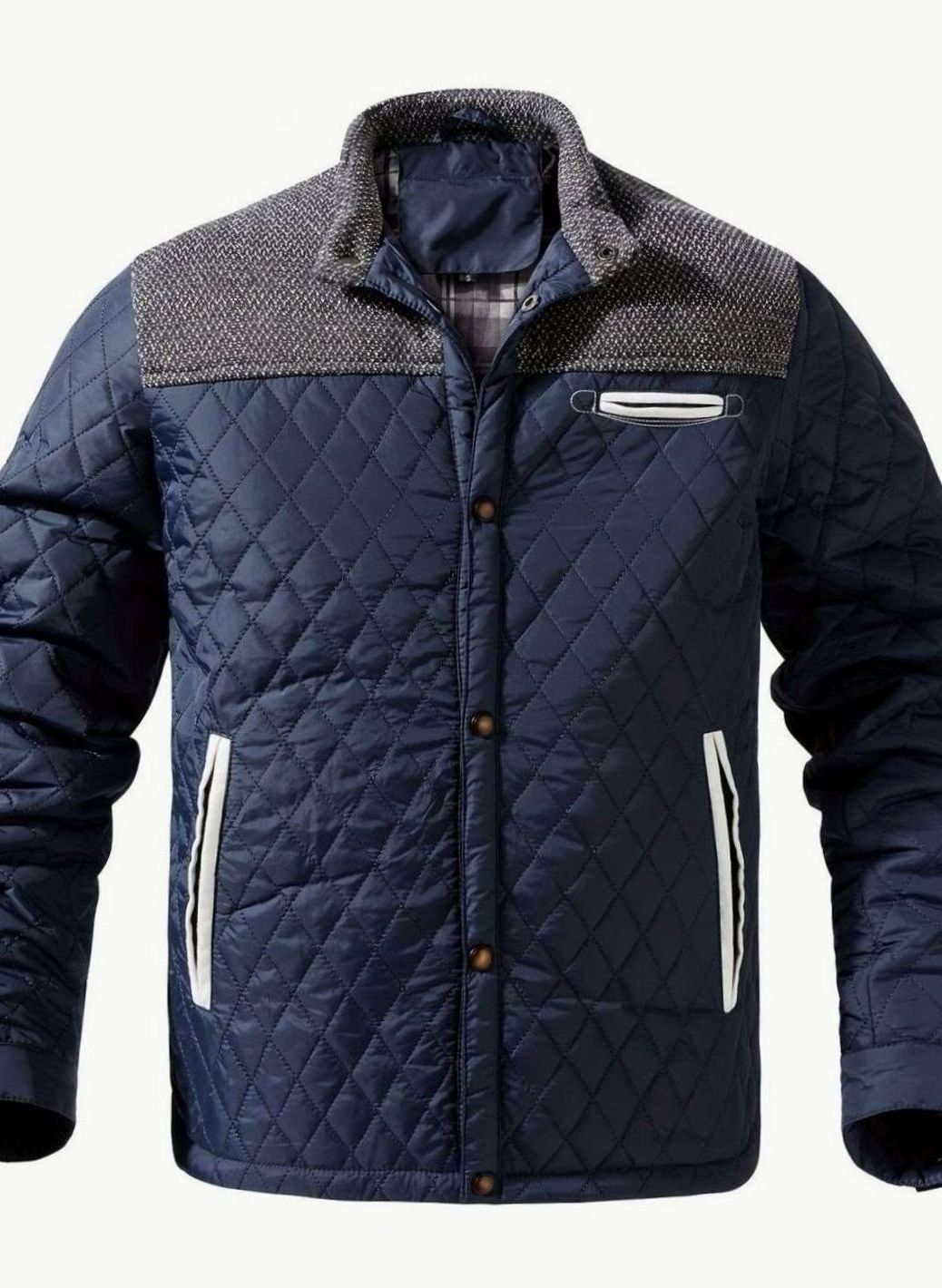 Men's Diamond-Quilted Two-Tone Stand-Collar Snap-Front Insulated Jacket
