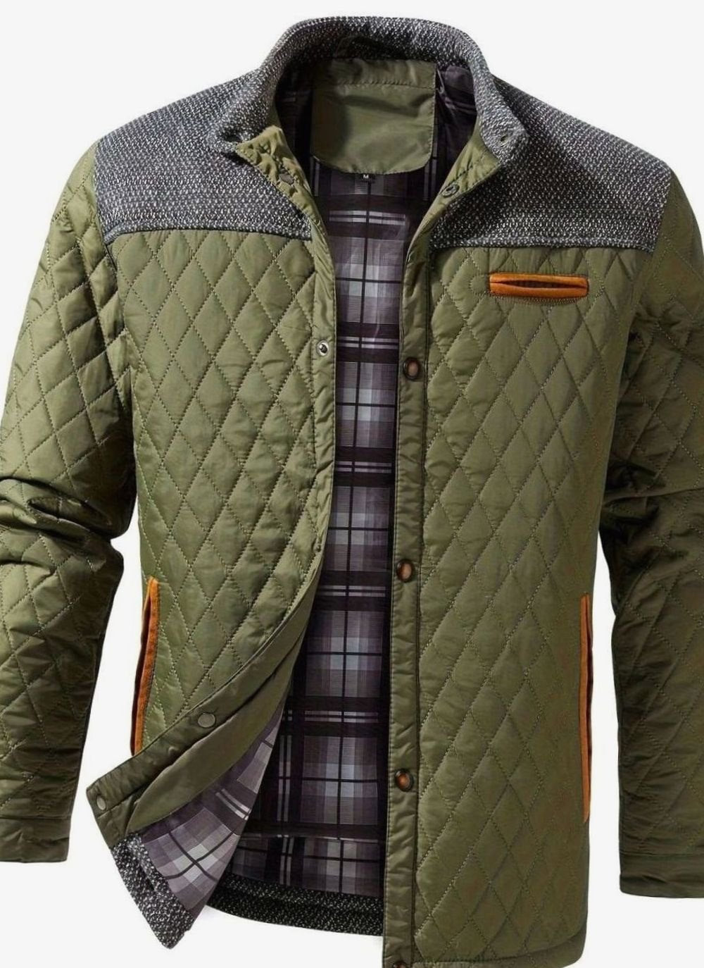 Men's Diamond-Quilted Two-Tone Stand-Collar Snap-Front Insulated Jacket