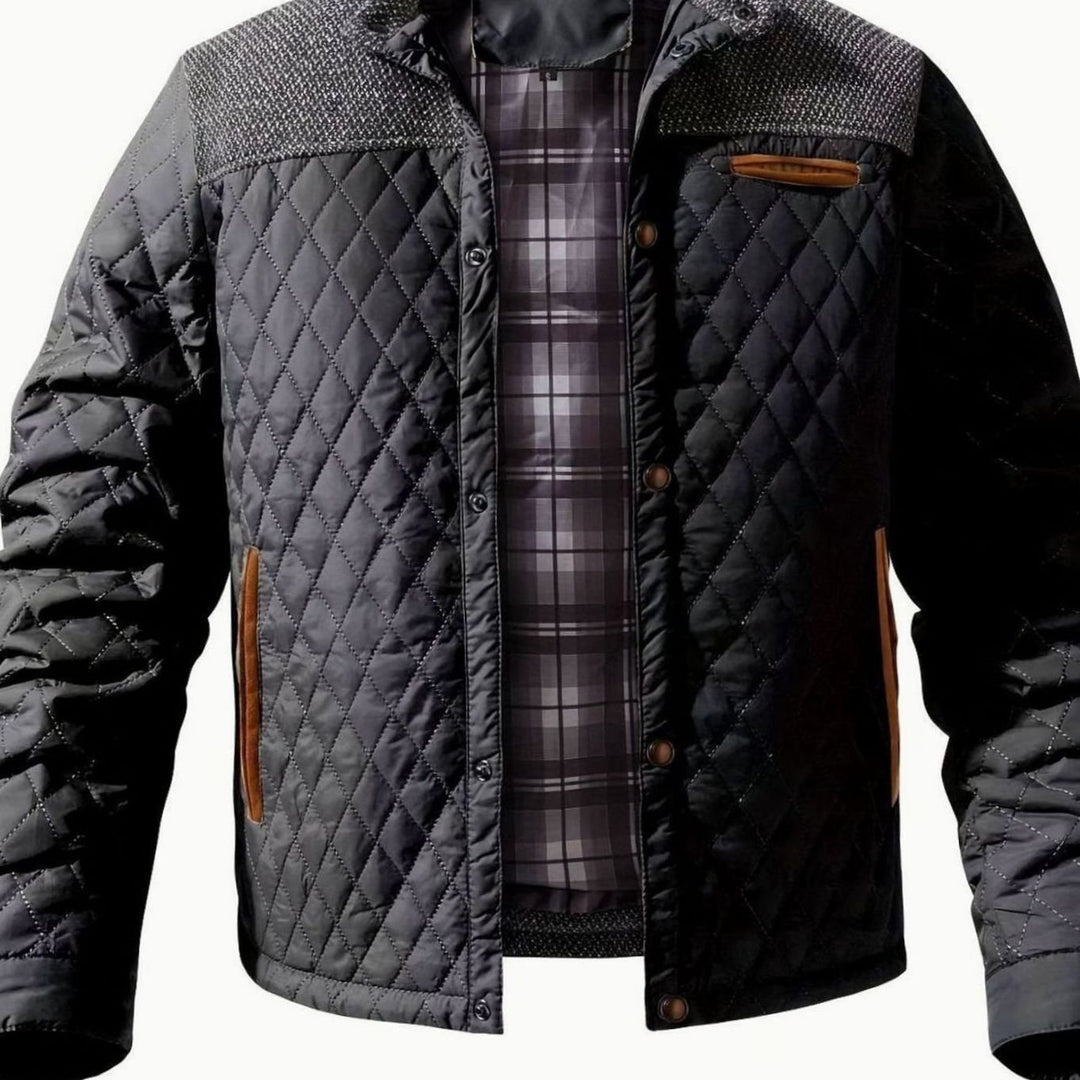 Men's Diamond-Quilted Two-Tone Stand-Collar Snap-Front Insulated Jacket - Black