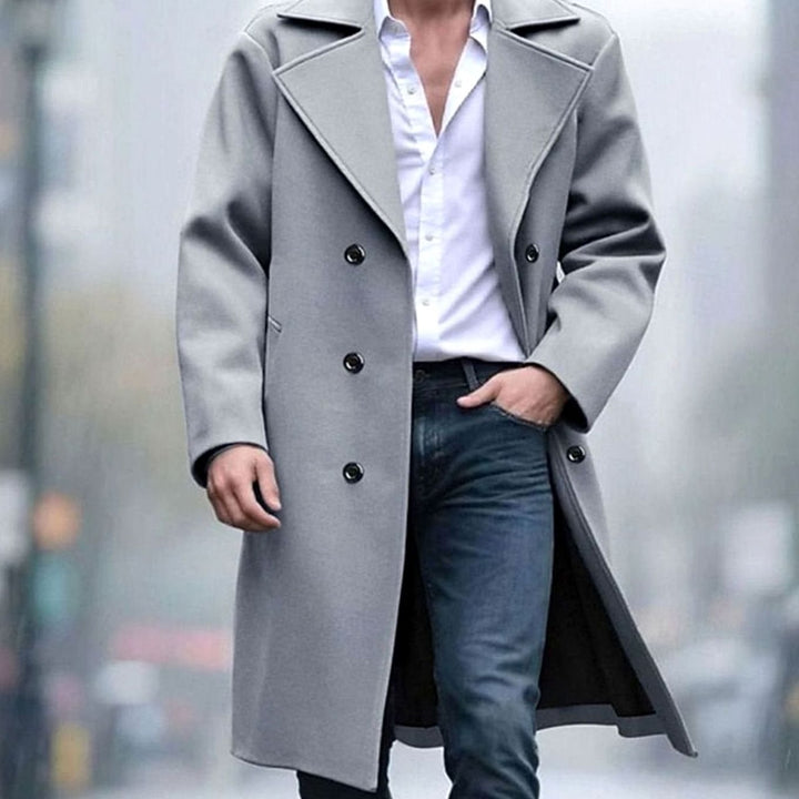 Men's Double-Breasted Tailored Long Wool Overcoat - Light Grey