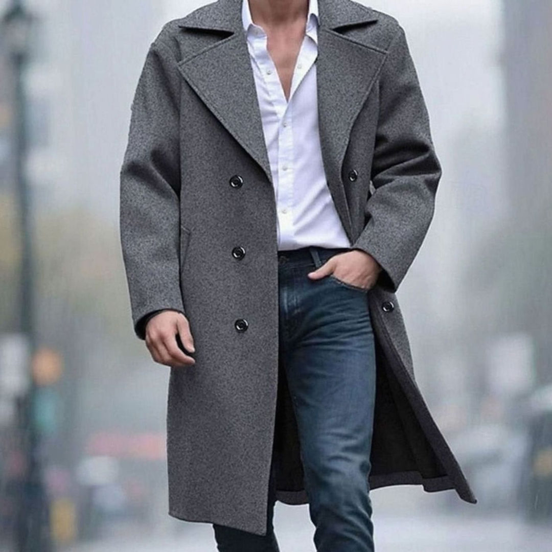 Men's Double-Breasted Tailored Long Wool Overcoat - Dark Grey