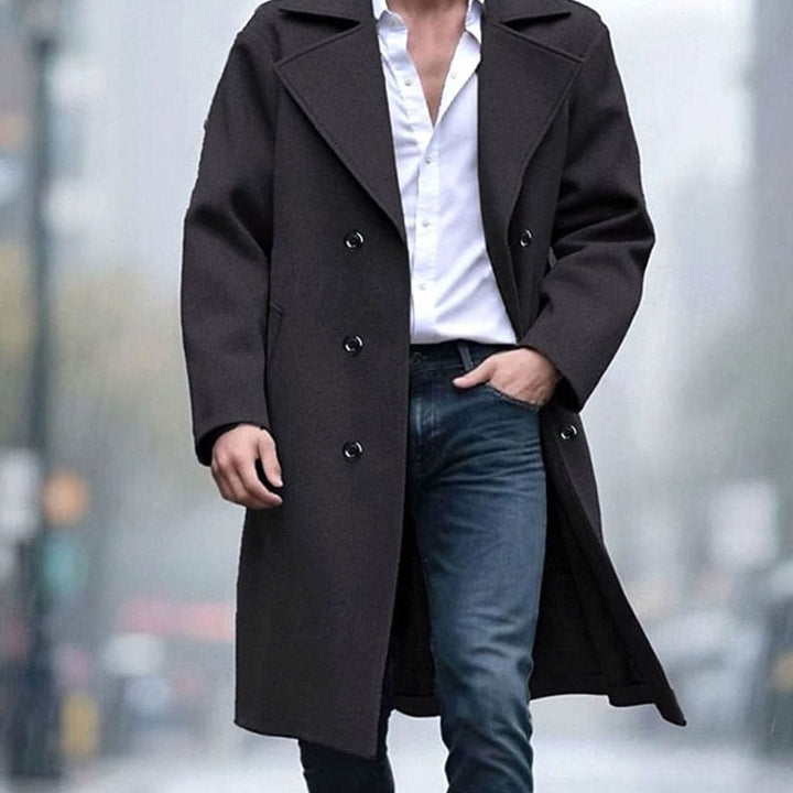 Men's Double-Breasted Tailored Long Wool Overcoat - Black