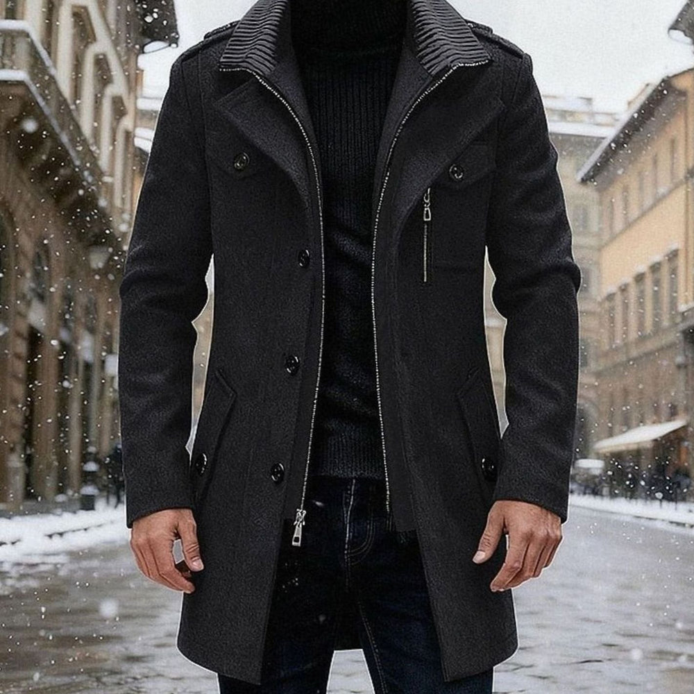 Men's Double-Breasted Tailored Wool Overcoat - Black