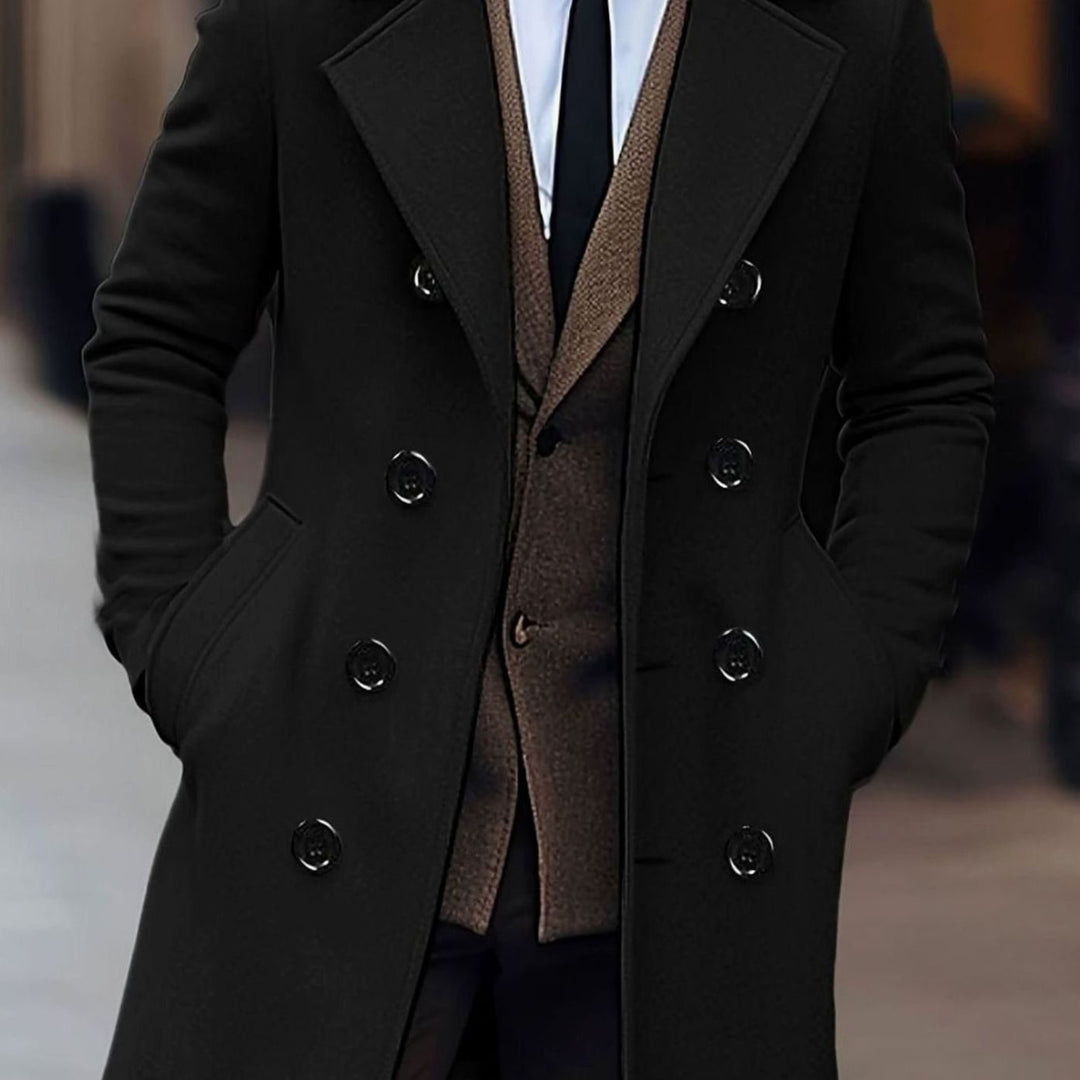 Men's Double-Breasted Tailored Wool Overcoat Notch Lapel - Black
