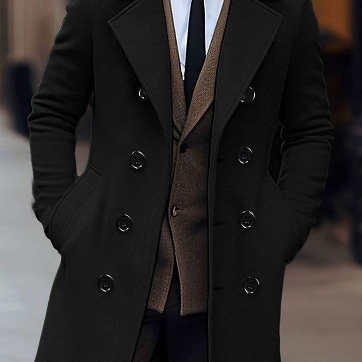Men's Double-Breasted Tailored Wool Overcoat Notch Lapel - Black