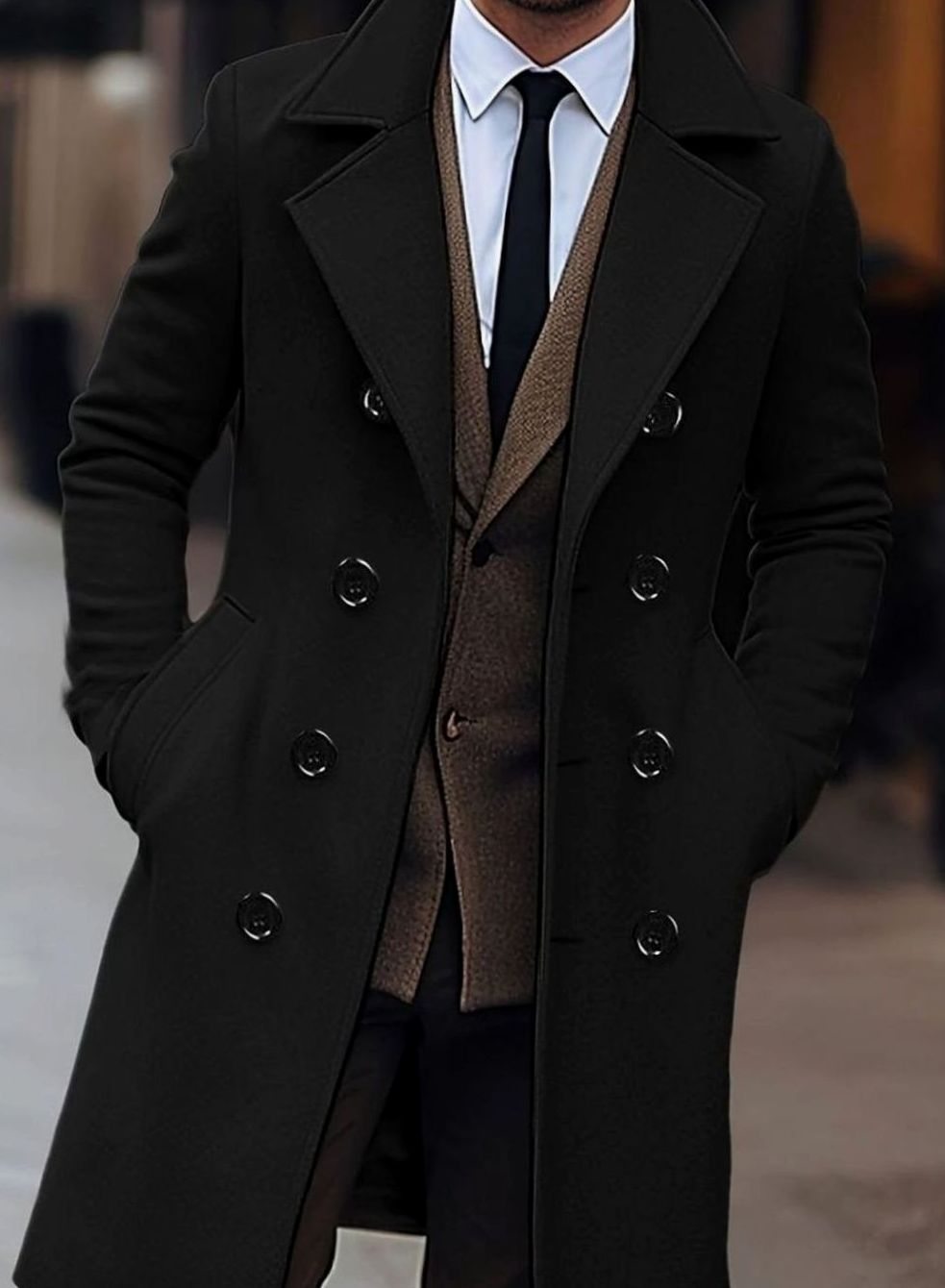 Men's Double-Breasted Tailored Wool Overcoat Notch Lapel