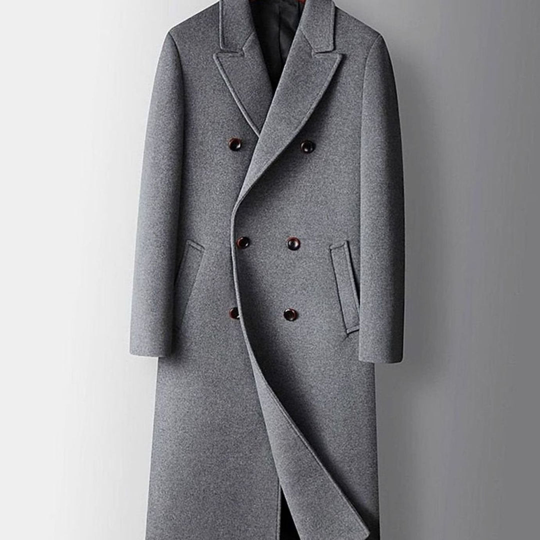 Men's Double-Breasted Wool Long Tailored Overcoat - Grey