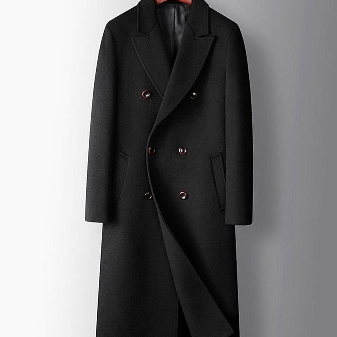 Men's Double-Breasted Wool Long Tailored Overcoat - Black