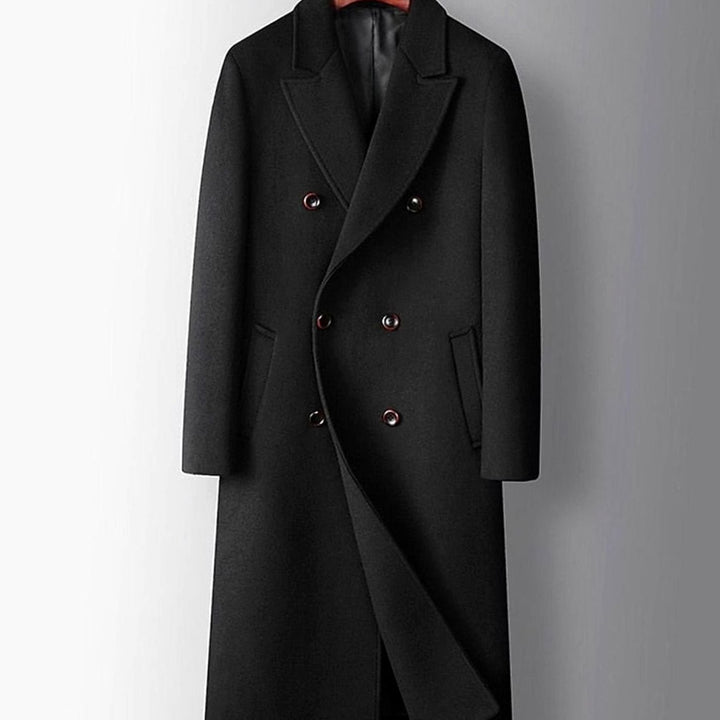 Men's Double-Breasted Wool Long Tailored Overcoat - Black