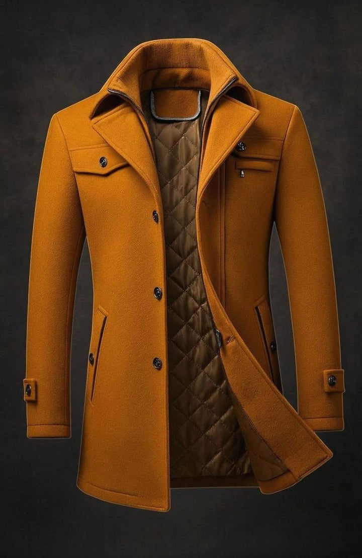 Men's Double-Collar Quilted-Lined Wool Overcoat - Brown