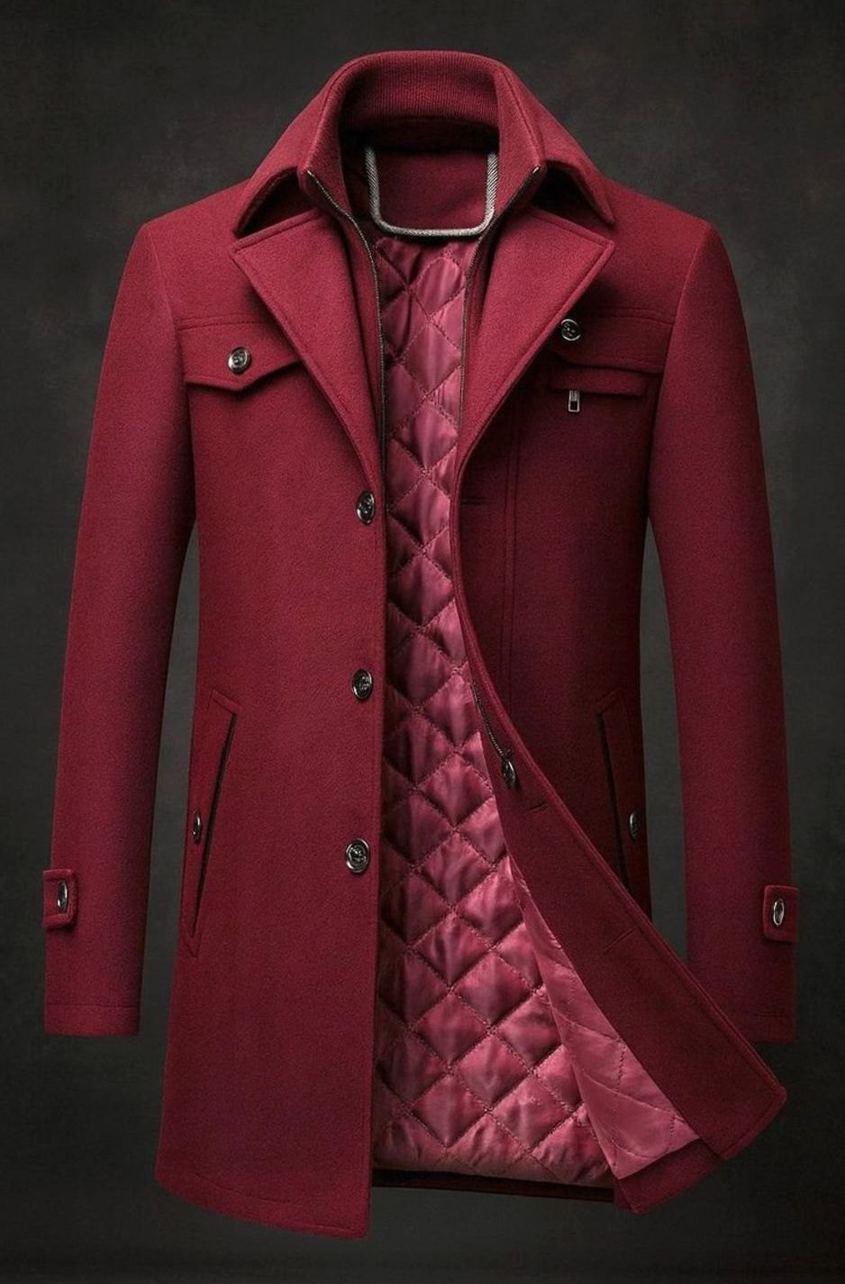 Men's Double-Collar Quilted-Lined Wool Overcoat - Burgundy