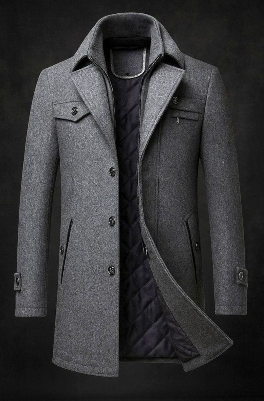 Men's Double-Collar Quilted-Lined Wool Overcoat - Grey