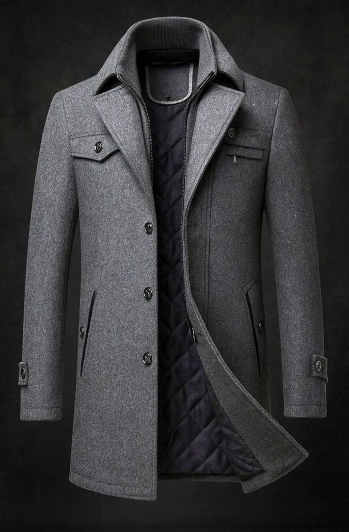 Men's Double-Collar Quilted-Lined Wool Overcoat - Grey