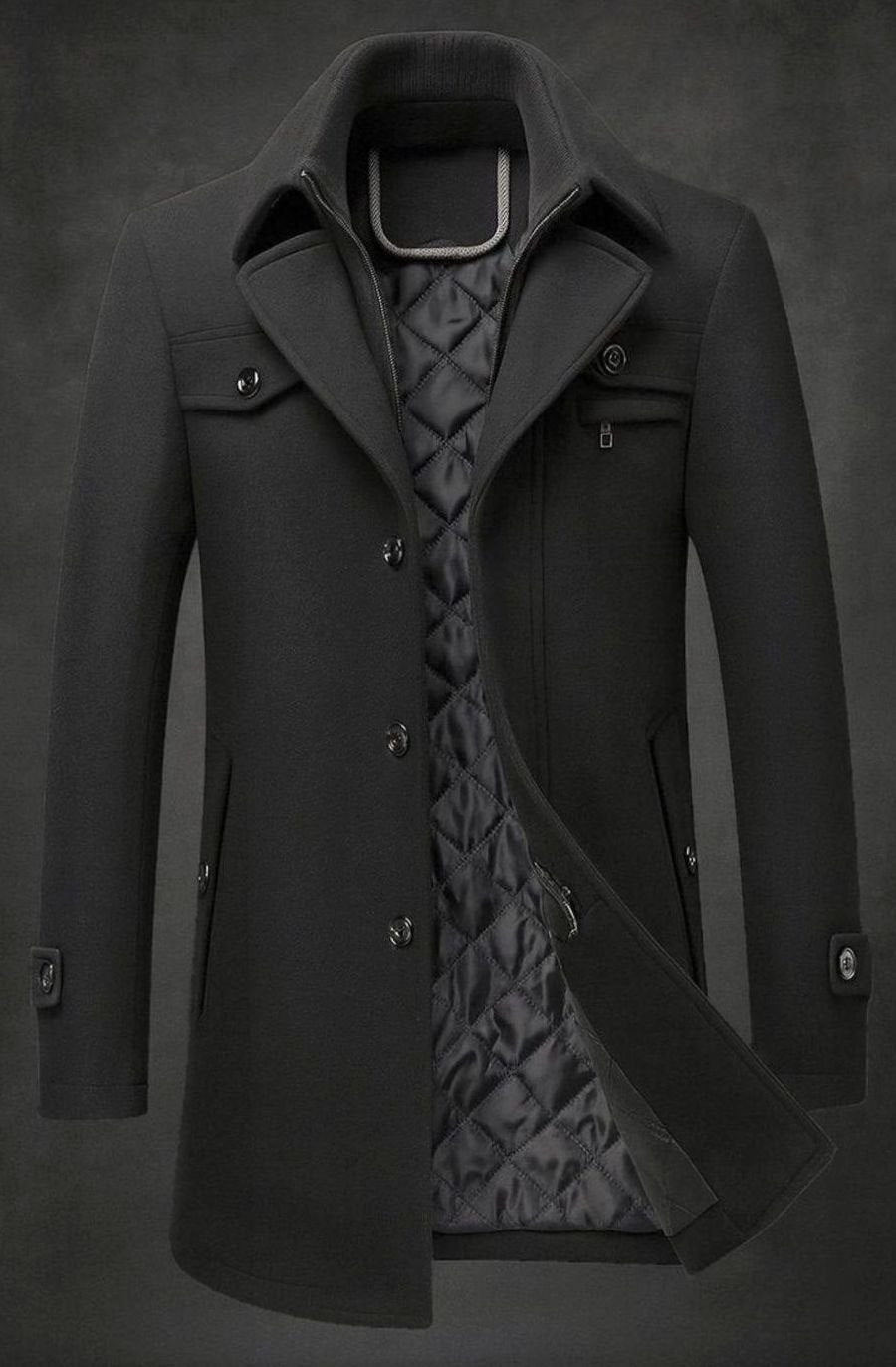 Men's Double-Collar Quilted-Lined Wool Overcoat - Black