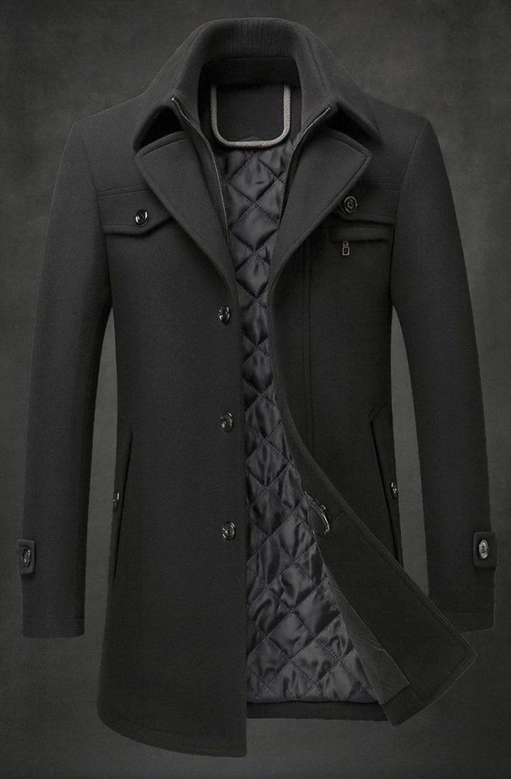 Men's Double-Collar Quilted-Lined Wool Overcoat - Black