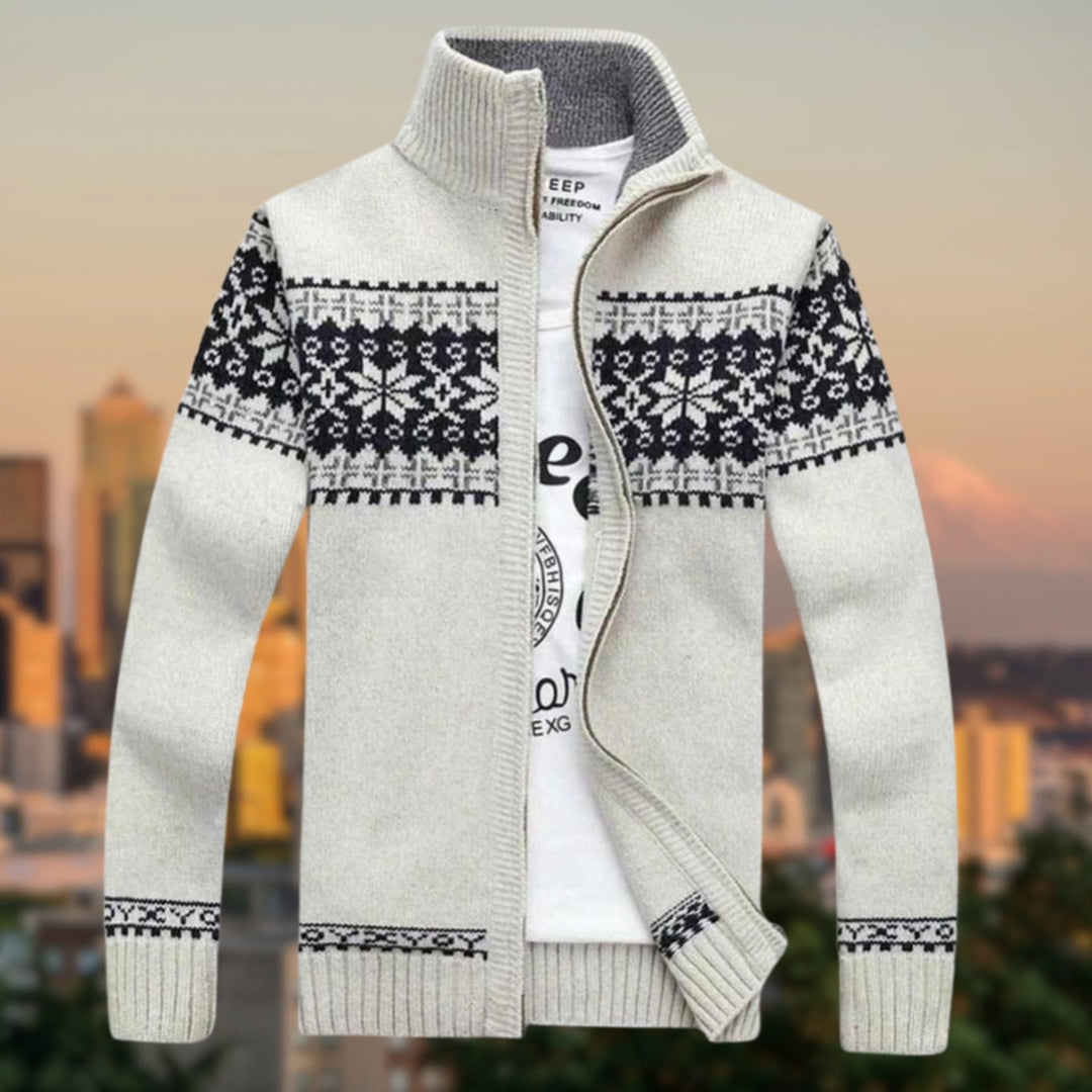 Men's Fair Isle Zip-Up Knitted Sweater Fleece-Lined Cardigan - Beige