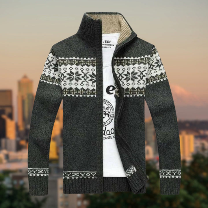 Men's Fair Isle Zip-Up Knitted Sweater Fleece-Lined Cardigan - Green