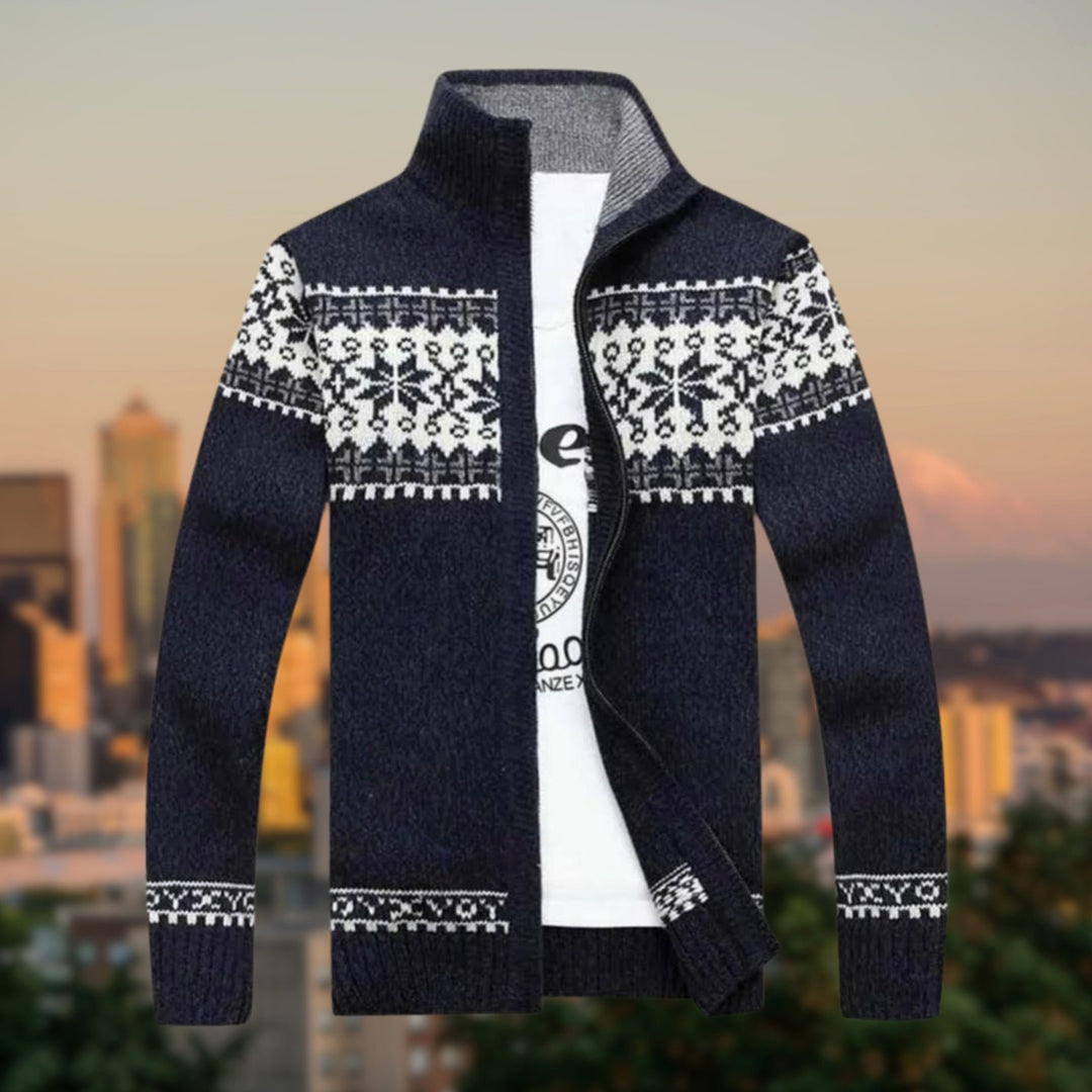 Men's Fair Isle Zip-Up Knitted Sweater Fleece-Lined Cardigan - Navy Blue