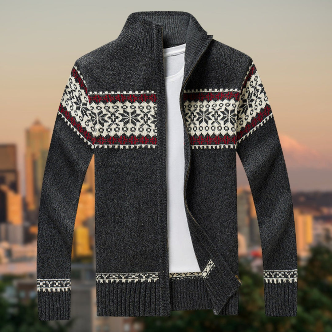 Men's Fair Isle Zip-Up Knitted Sweater Fleece-Lined Cardigan - Dark Grey