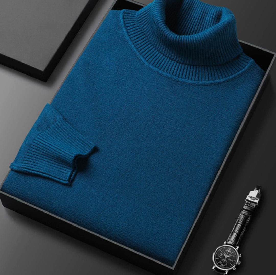 Men's Fine-Knit Turtleneck Knitted Sweater - Dark Blue