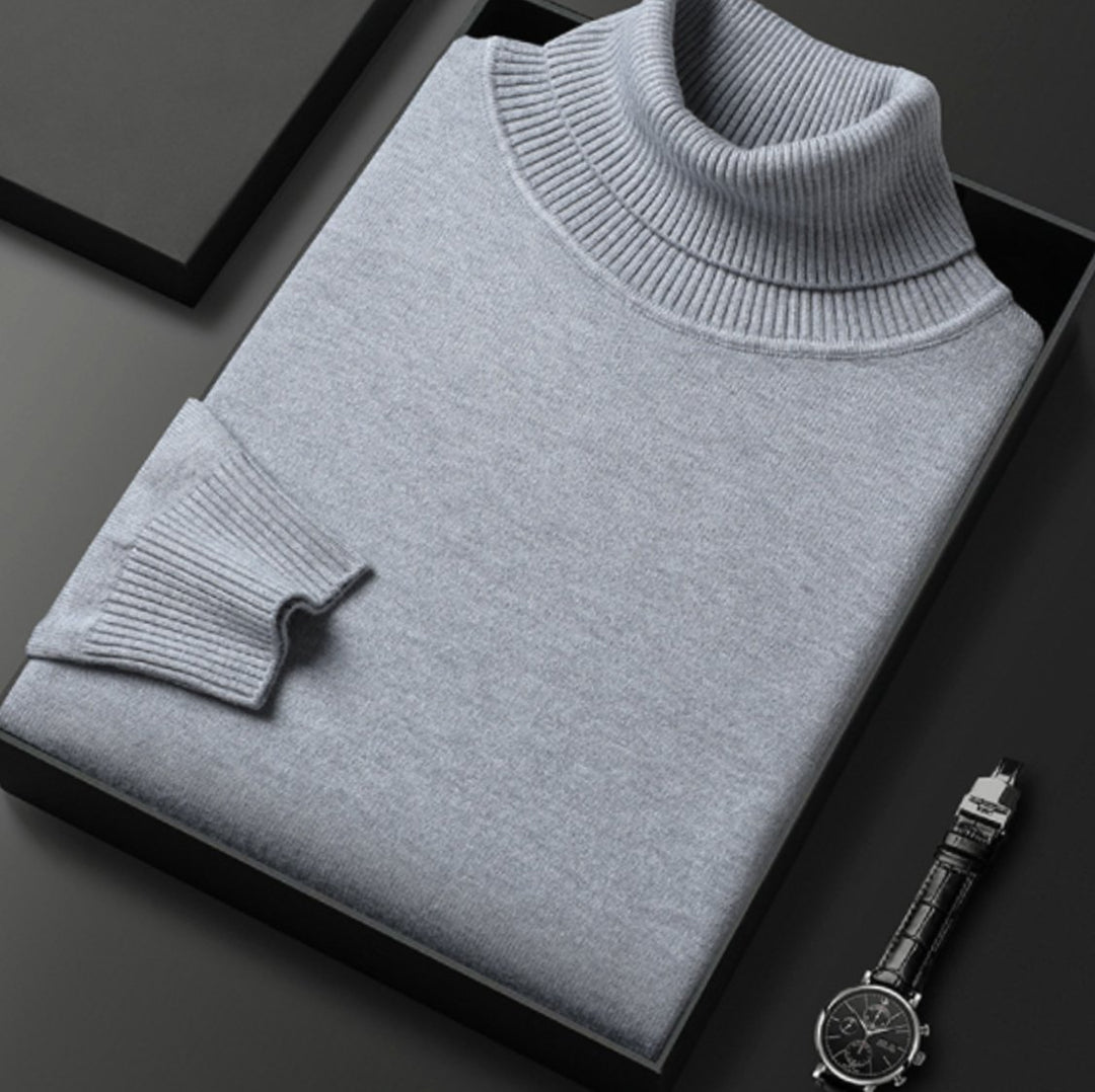 Men's Fine-Knit Turtleneck Knitted Sweater - Light Grey