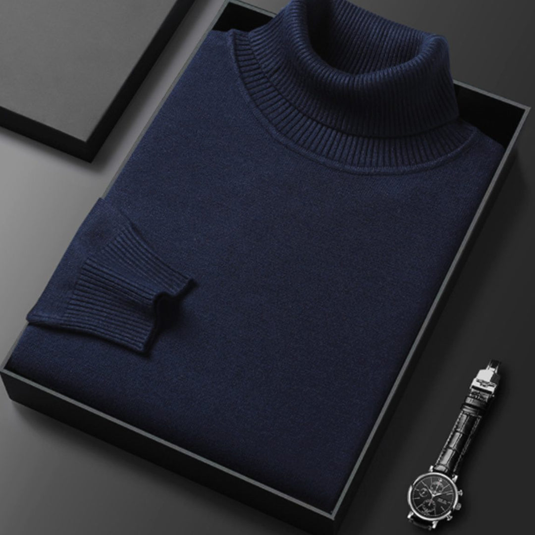 Men's Fine-Knit Turtleneck Knitted Sweater - Navy Blue