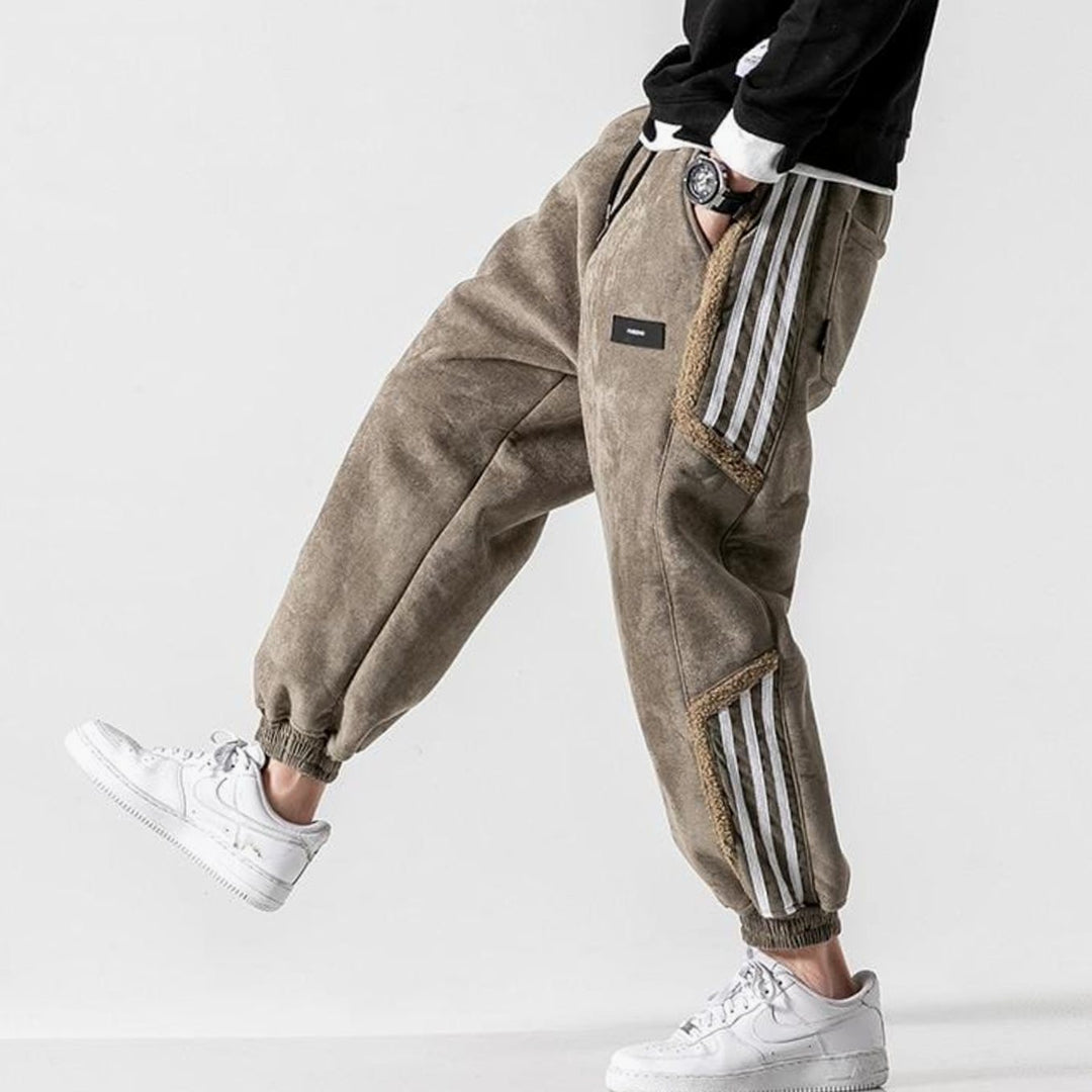 Men's Fleece-Lined Striped Panel Tapered Jogger Trousers