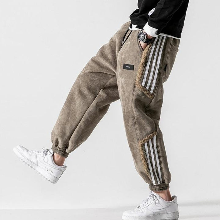 Men's Fleece-Lined Striped Panel Tapered Jogger Trousers