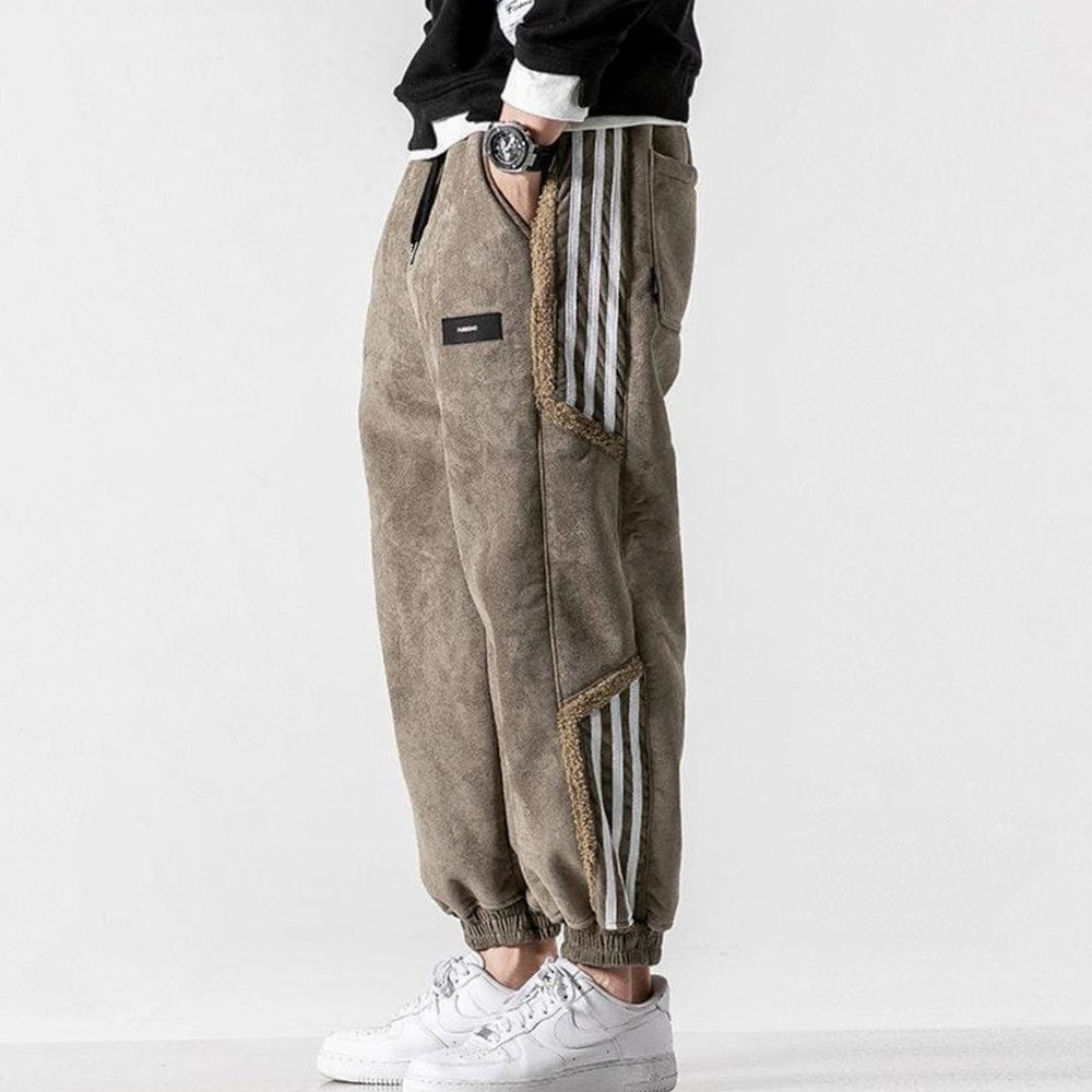 Men's Fleece-Lined Striped Panel Tapered Jogger Trousers - Brown