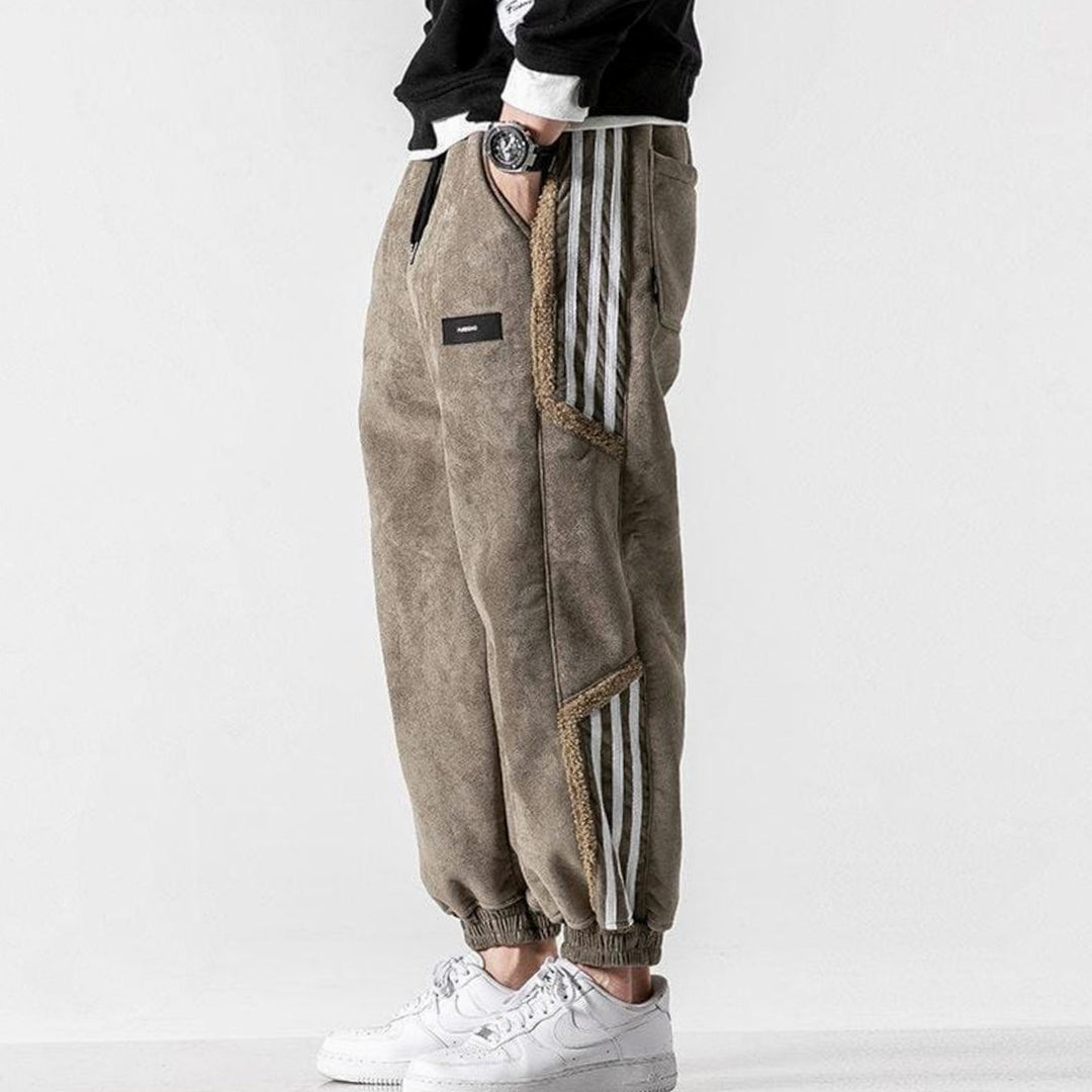 Men's Fleece-Lined Striped Panel Tapered Jogger Trousers - Brown