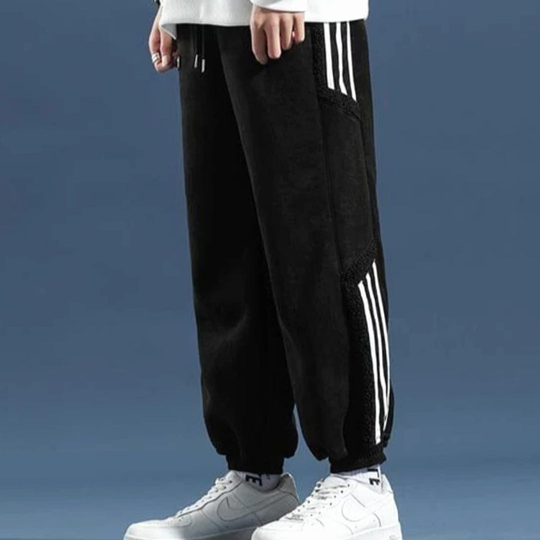 Men's Fleece-Lined Striped Panel Tapered Jogger Trousers - Black