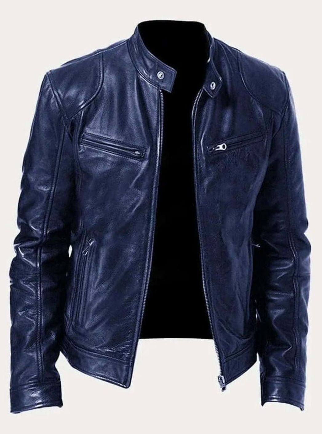 Men's Genuine Leather Stand-Collar Zip-Up Biker Jacket - Dark Blue