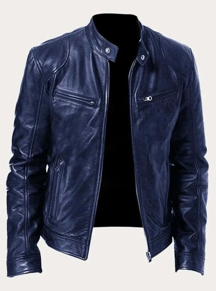 Men's Genuine Leather Stand-Collar Zip-Up Biker Jacket - Dark Blue